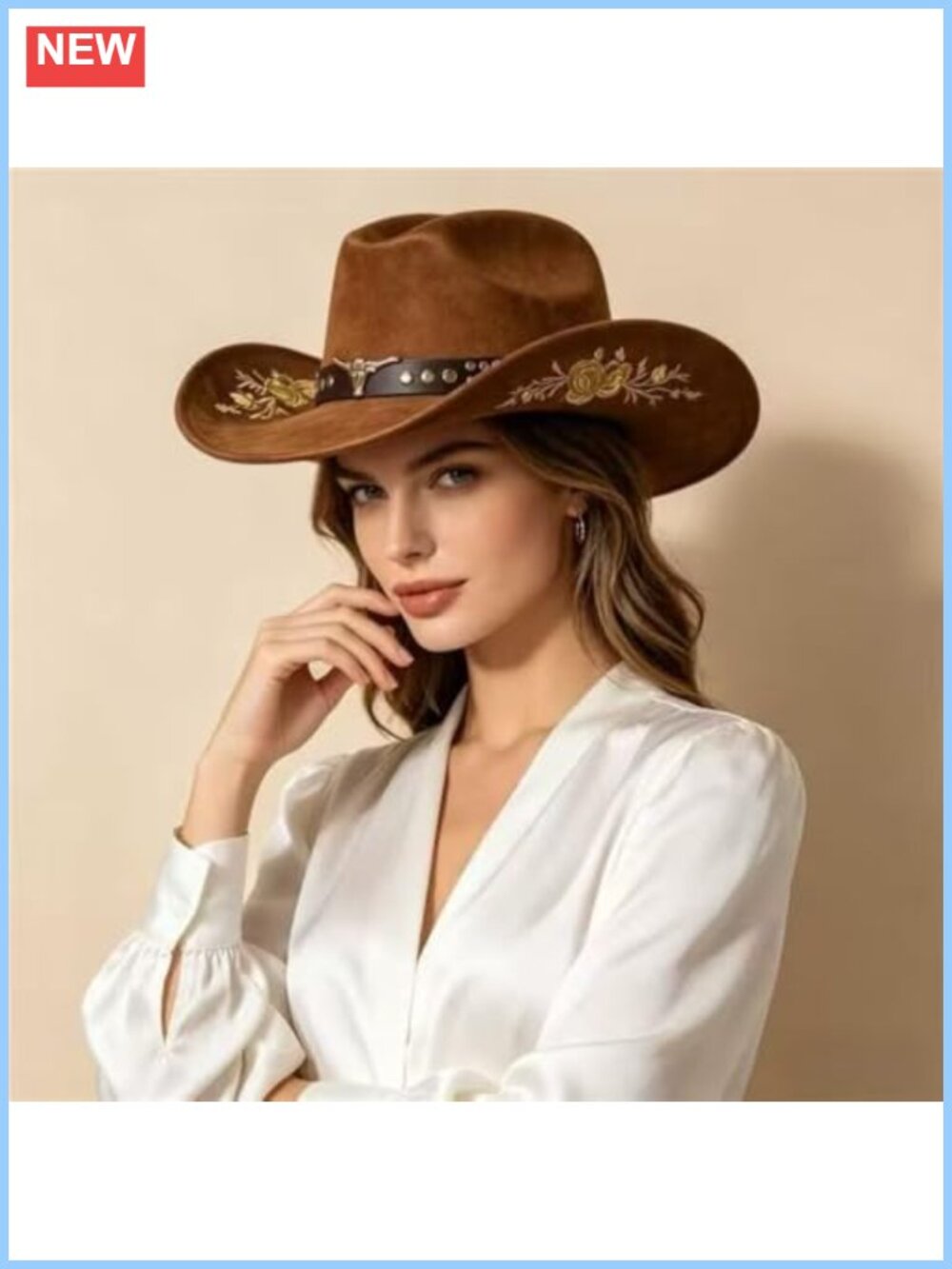 Western Cowboy Hat Suede Floral Embroidery Wide Brim One Size